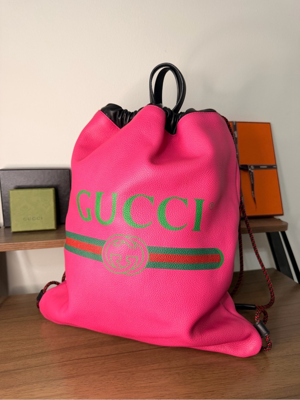 AUTHENTIC - Gucci Hot Pink Signature Web Drawstring Backpack